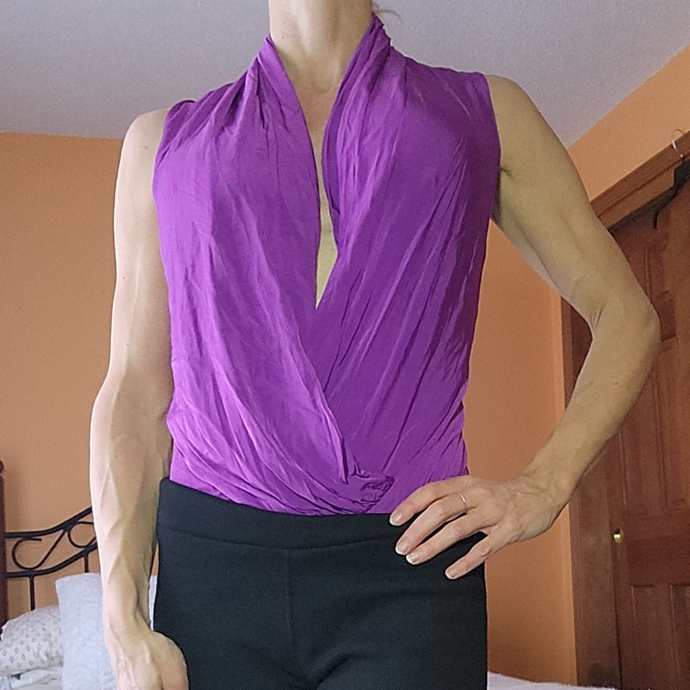 MARCIANO Drapery Sleeveless Purple/Violet Plunge V-Neck Bodysuit, Size Small